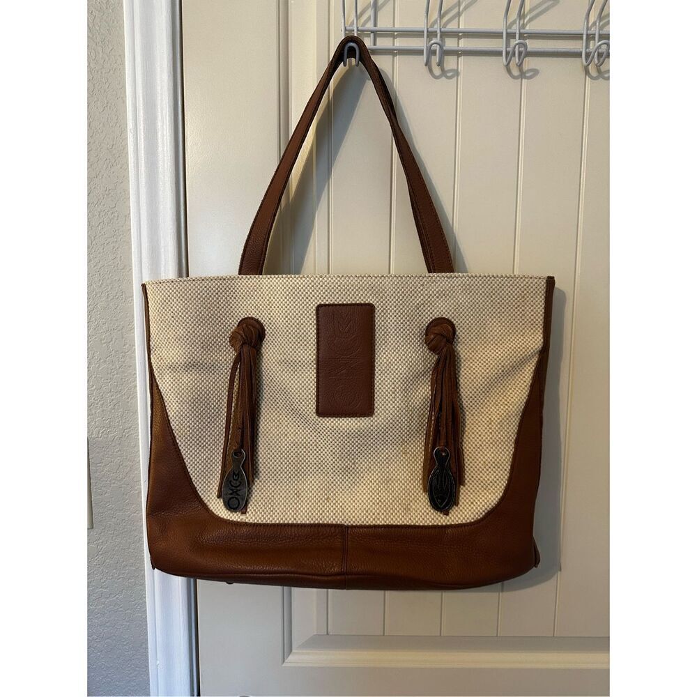 Muxo Camila Alves Leather Linen Woven Cotton Tote Brown Jute Tan Hobo Bag Purse